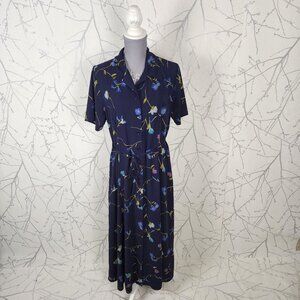 Koret VTG Navy Dark Floral Button Front Maxi Shirt Dress